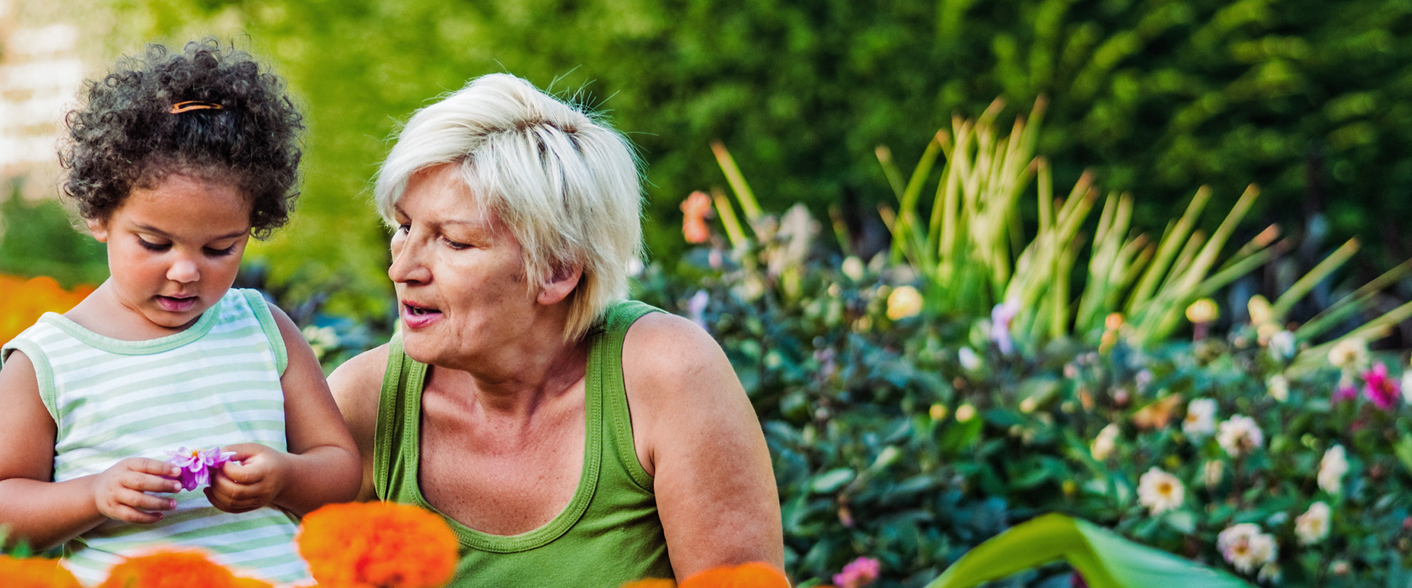 Grandma and grandchild in the garden